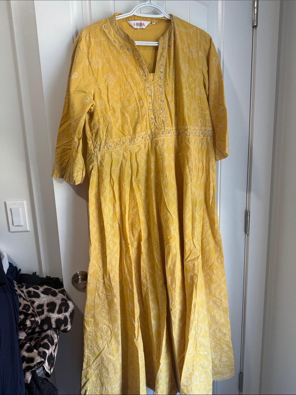 Biba Mustard Yellow Embroidered Cotton Maxi Dress
